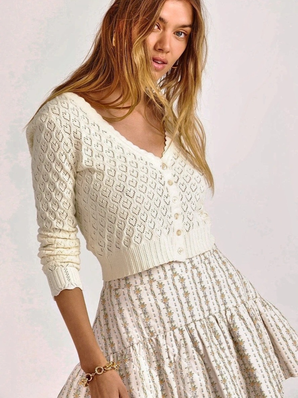 Love Shack Fancy Janie Cropped Cardigan in Cream Woman’s Size L